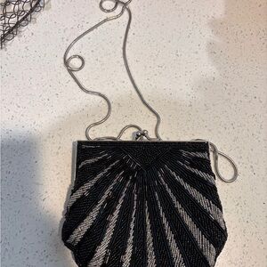 Vintage Elegant Black and Silver Beaded Evening Bag